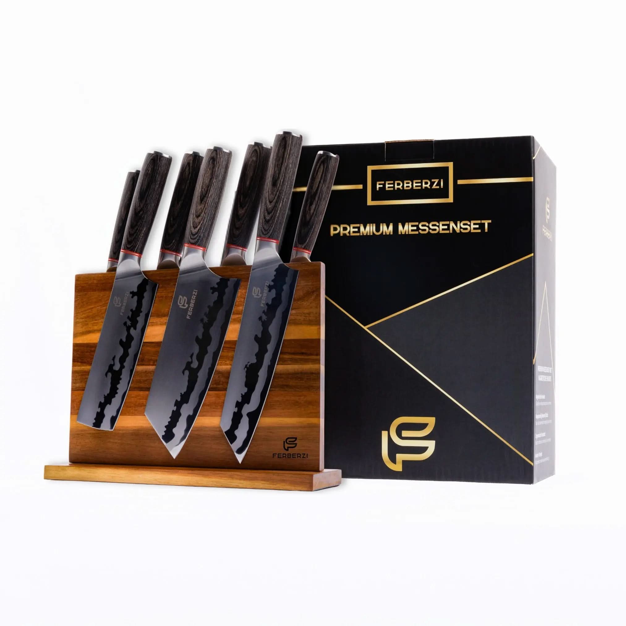7-delige Shadow Wood messenset met houten handgrepen, magnetische messenhouder en premium geschenkdoos