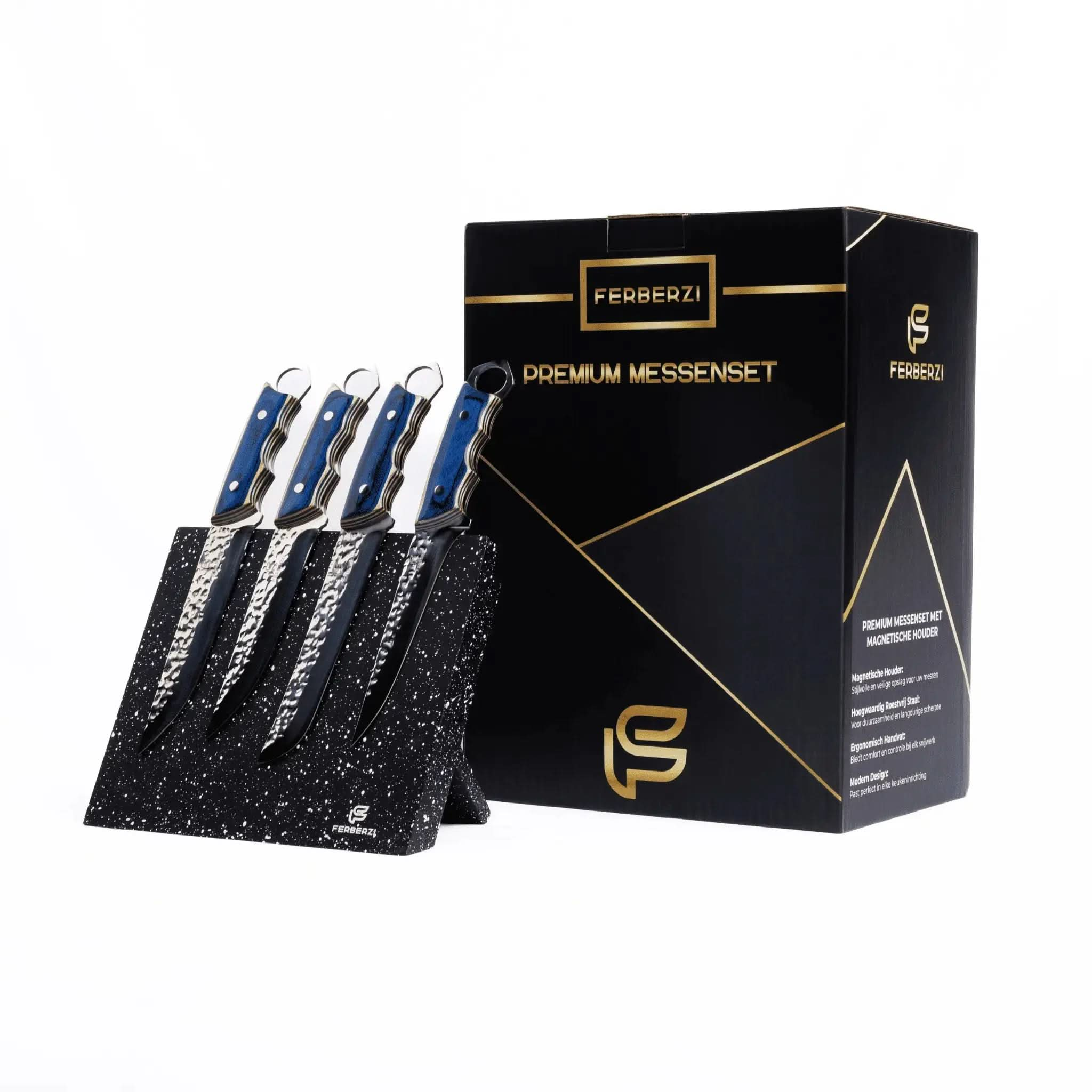 4-delige messenset met blauwe handgrepen, marmerzwarte houder en luxe geschenkdoos