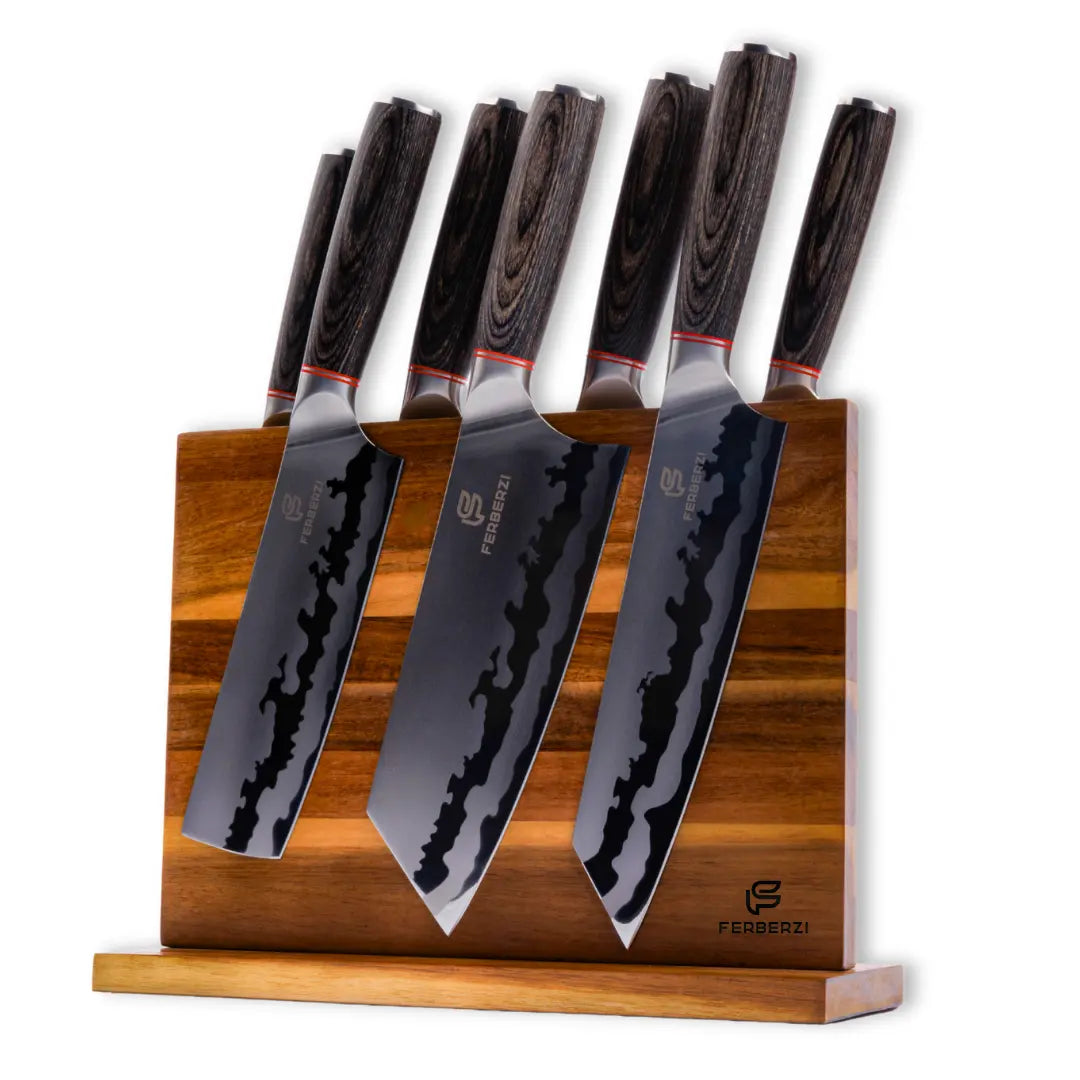 Ferberzi Shadow Wood 7-delige golf messenset met magnetische acaciahouten houder