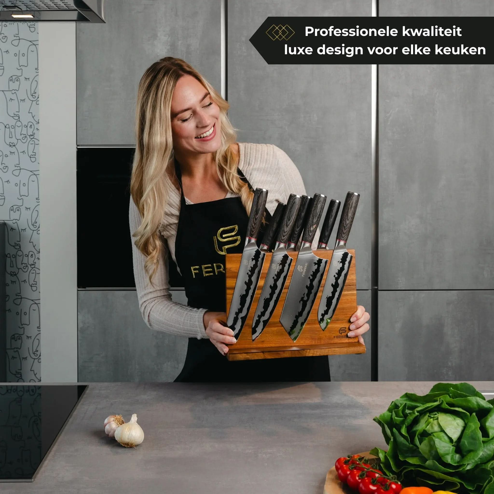 Ferberzi 7-delige Shadow Wood messenset met houten handgrepen en magnetische messenhouder in keuken