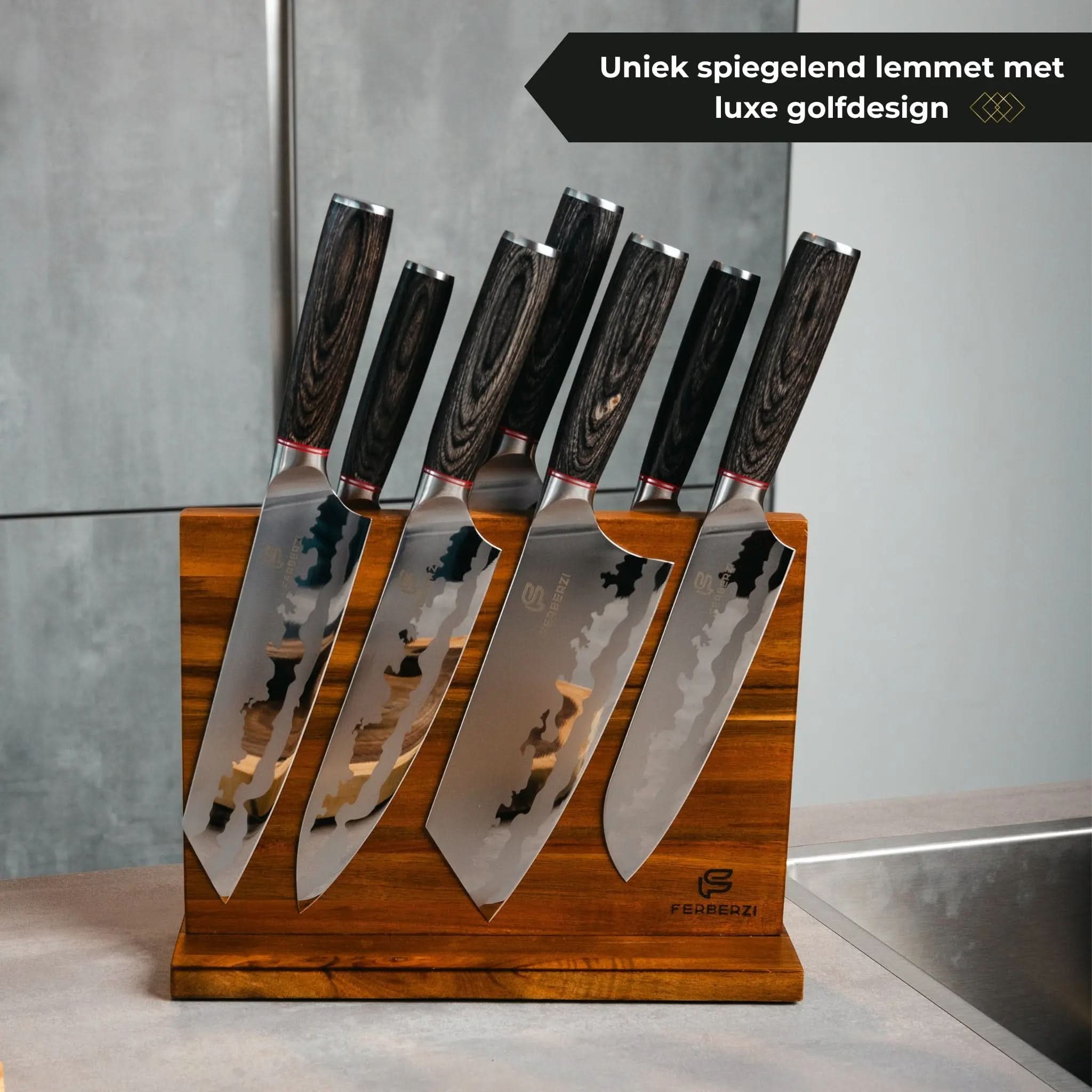 7-delige Shadow Wood messenset met houten handgrepen, spiegelend lemmet en magnetische messenhouder