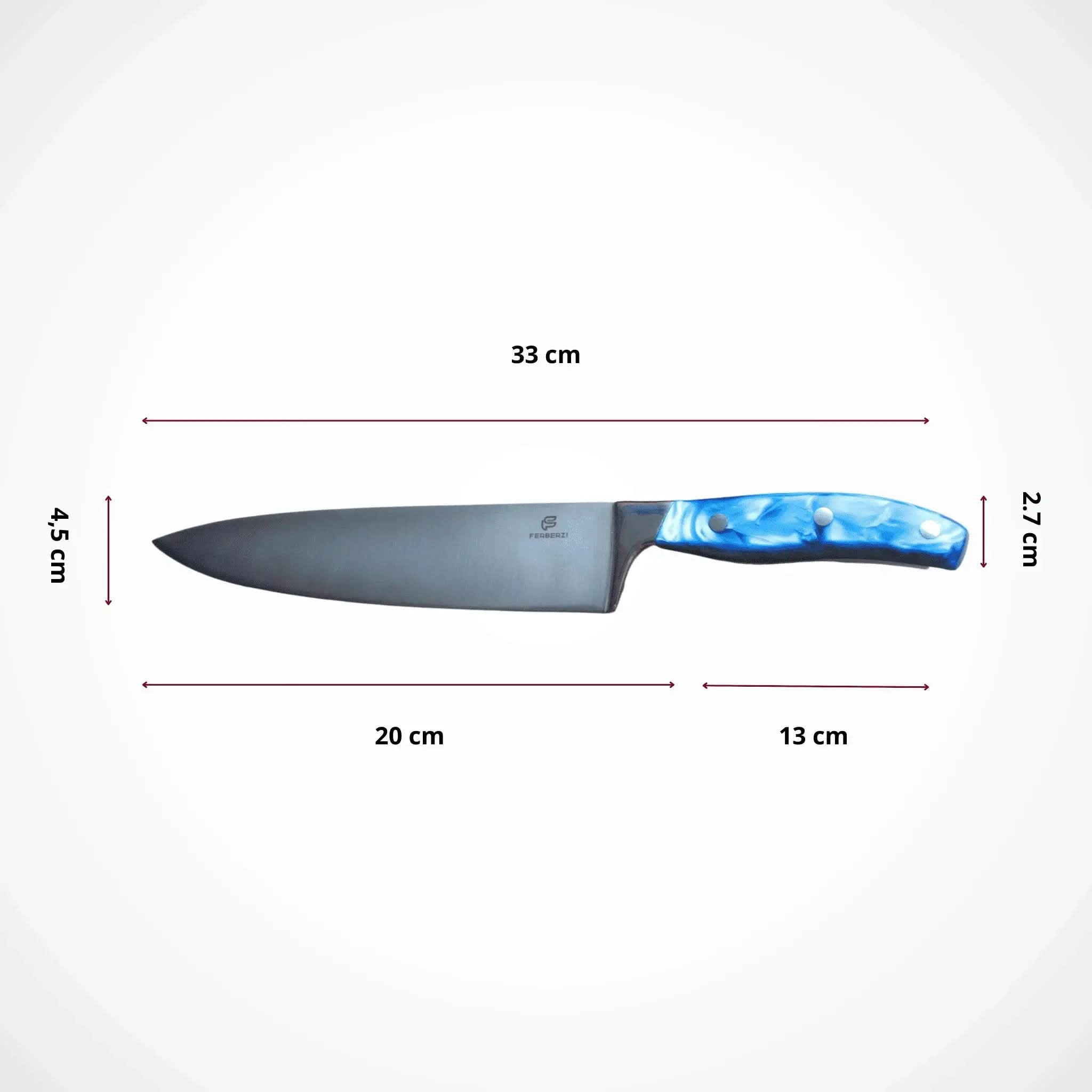 Koksmes met blauw acryl handvat en afmetingen 33 cm totaal