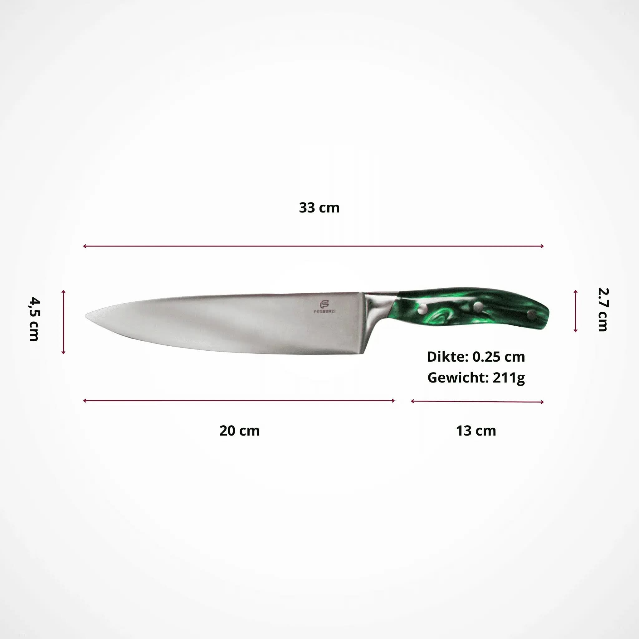 Koksmes met smaragdgroen acryl handvat en afmetingen 33 cm totaal