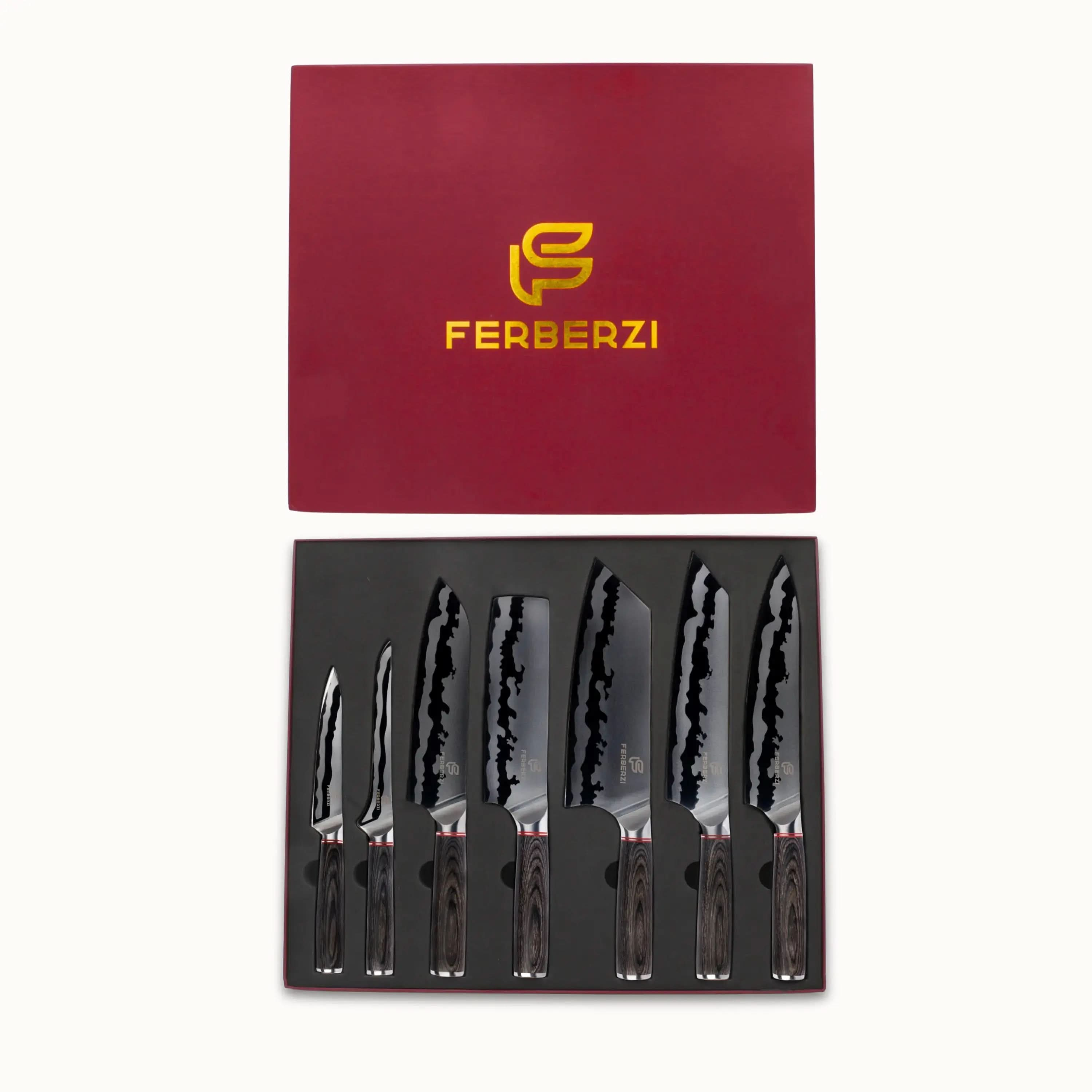 7-delige messenset met spiegelend golfpatroon in rode geschenkdoos