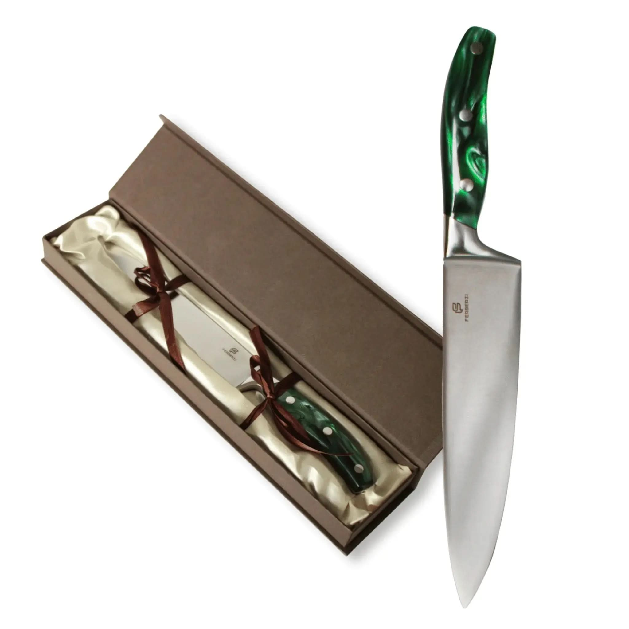 Professioneel koksmes van 5Cr13 roestvrij staal met smaragdgroen acryl handvat en luxe geschenkdoos