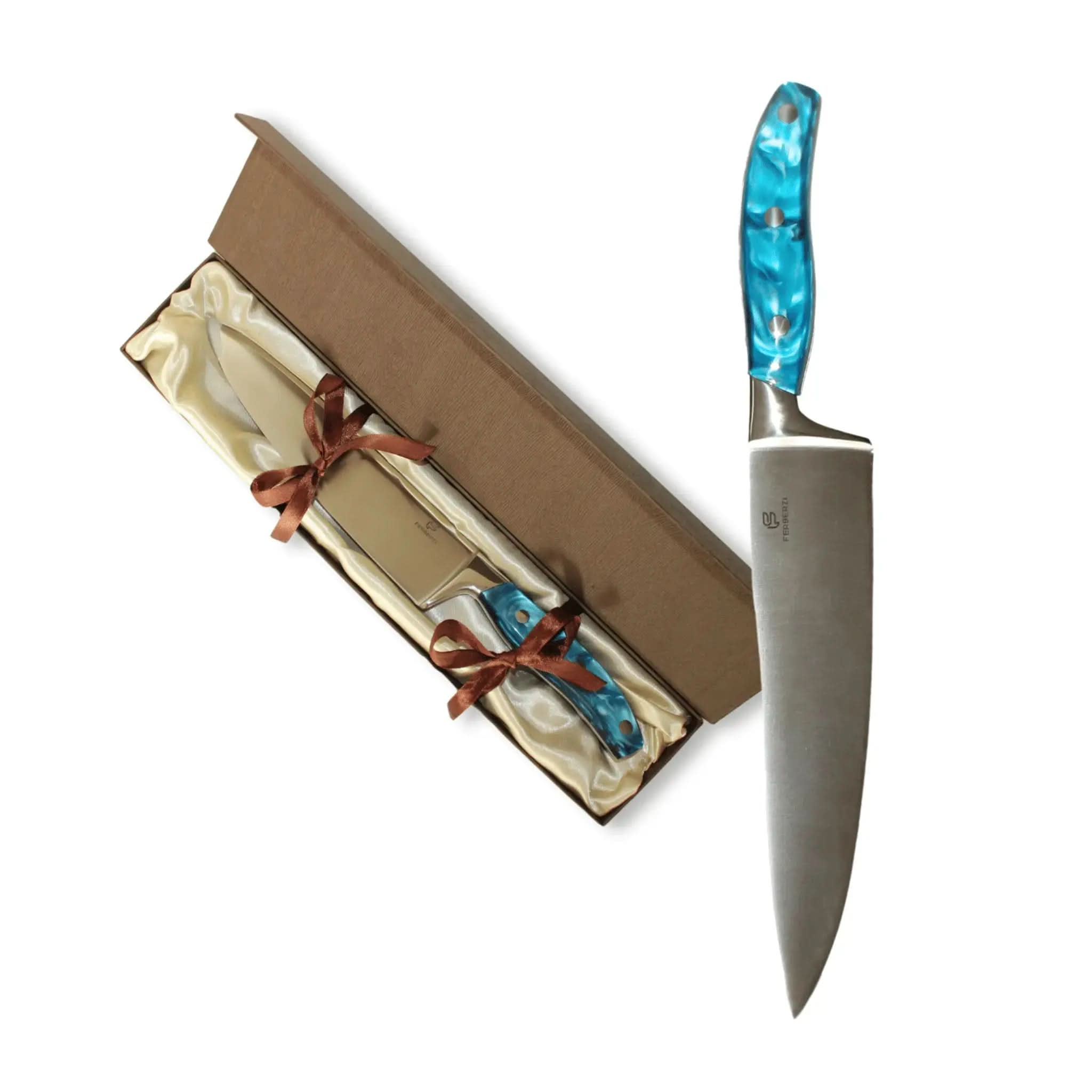 Professioneel koksmes van 5Cr13 roestvrij staal met blauwe acryl handvat en luxe geschenkdoos