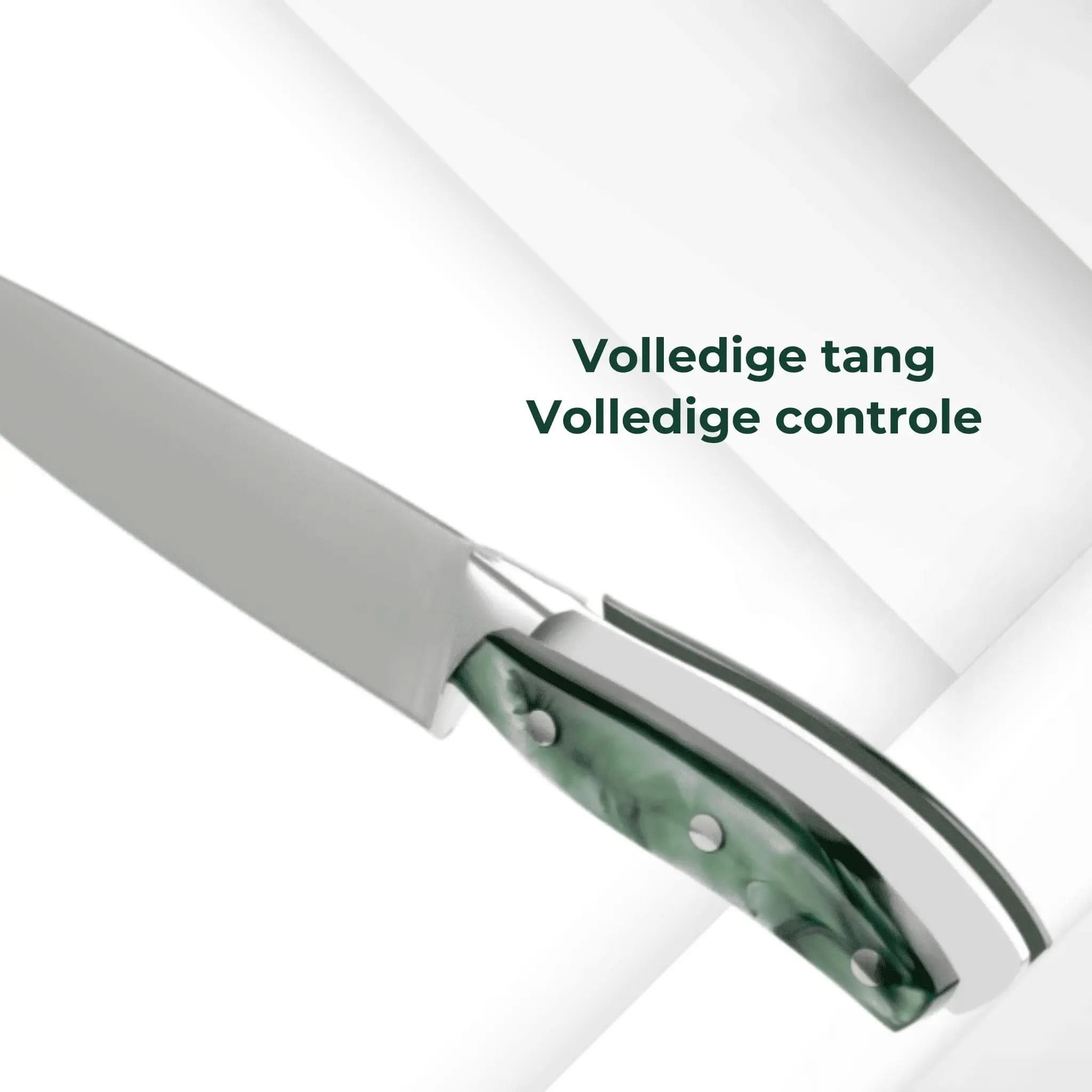 Detail van koksmes met smaragdgroen acryl handvat en volledige tang constructie