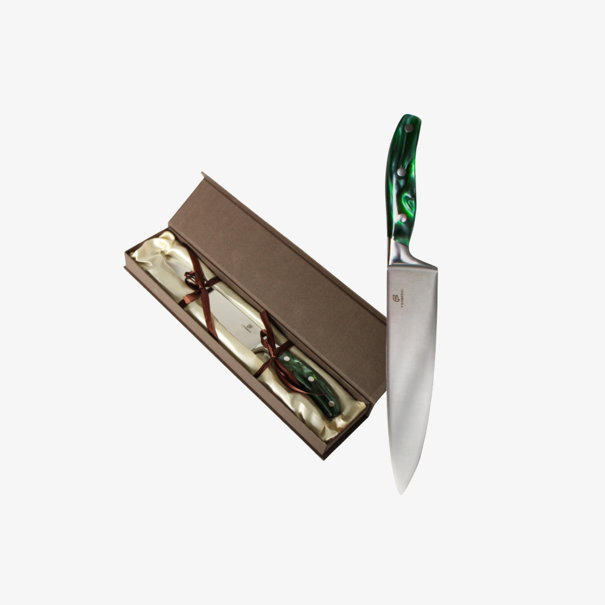 Ferberzi Professioneel Koksmes Emerald met smaragdgroen acryl handvat en luxe geschenkdoos