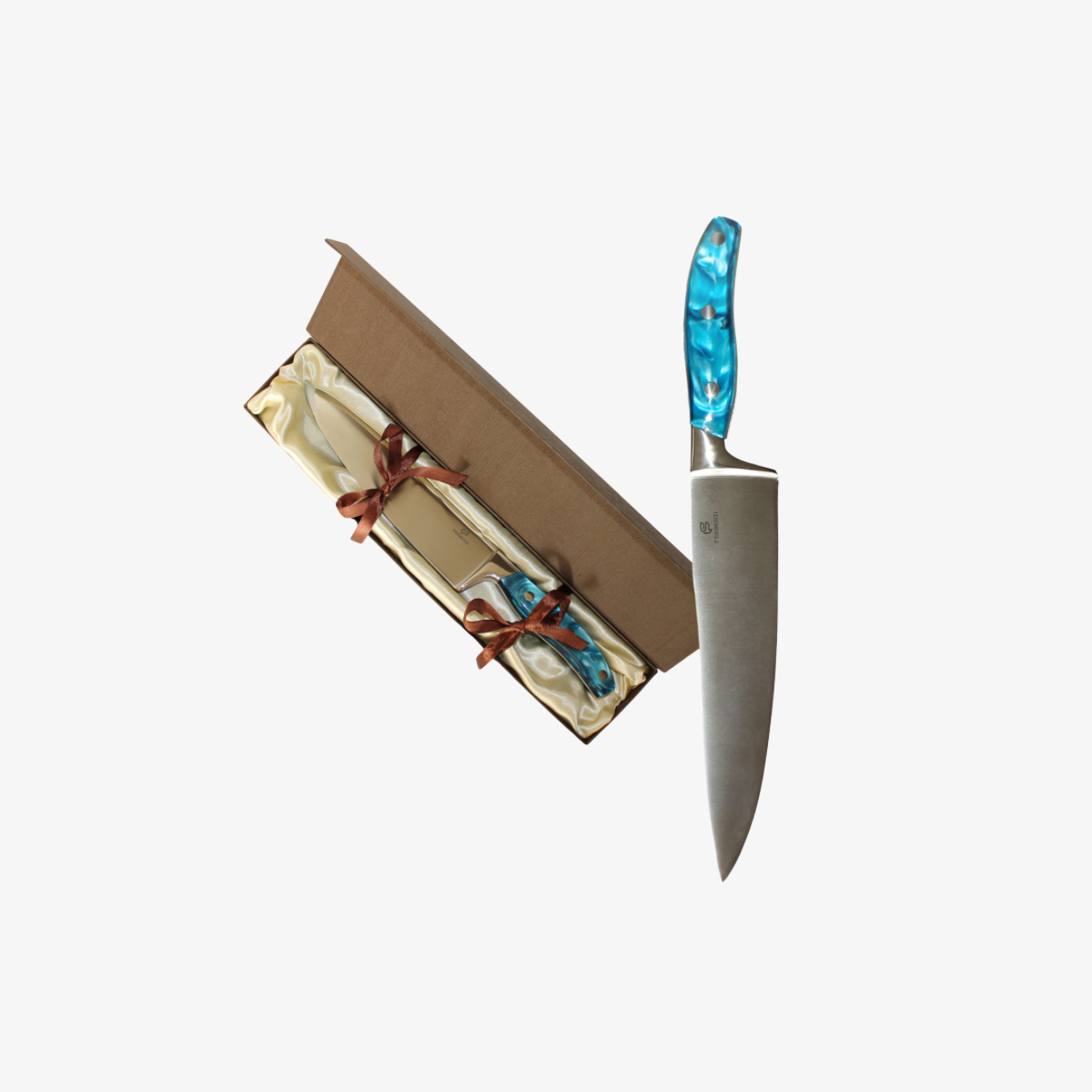 Ferberzi Professioneel Koksmes Ocean met blauw acryl handvat en luxe geschenkdoos