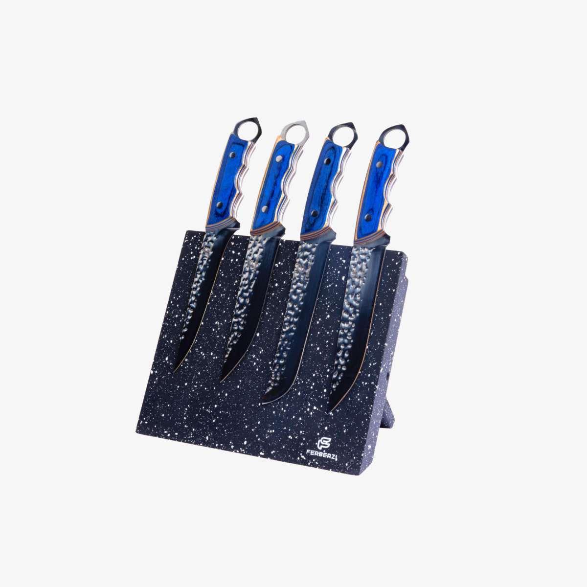 Ferberzi Sapphire Blade 4-delige messenset met blauwe handgrepen en marmerzwarte magnetische messenhouder