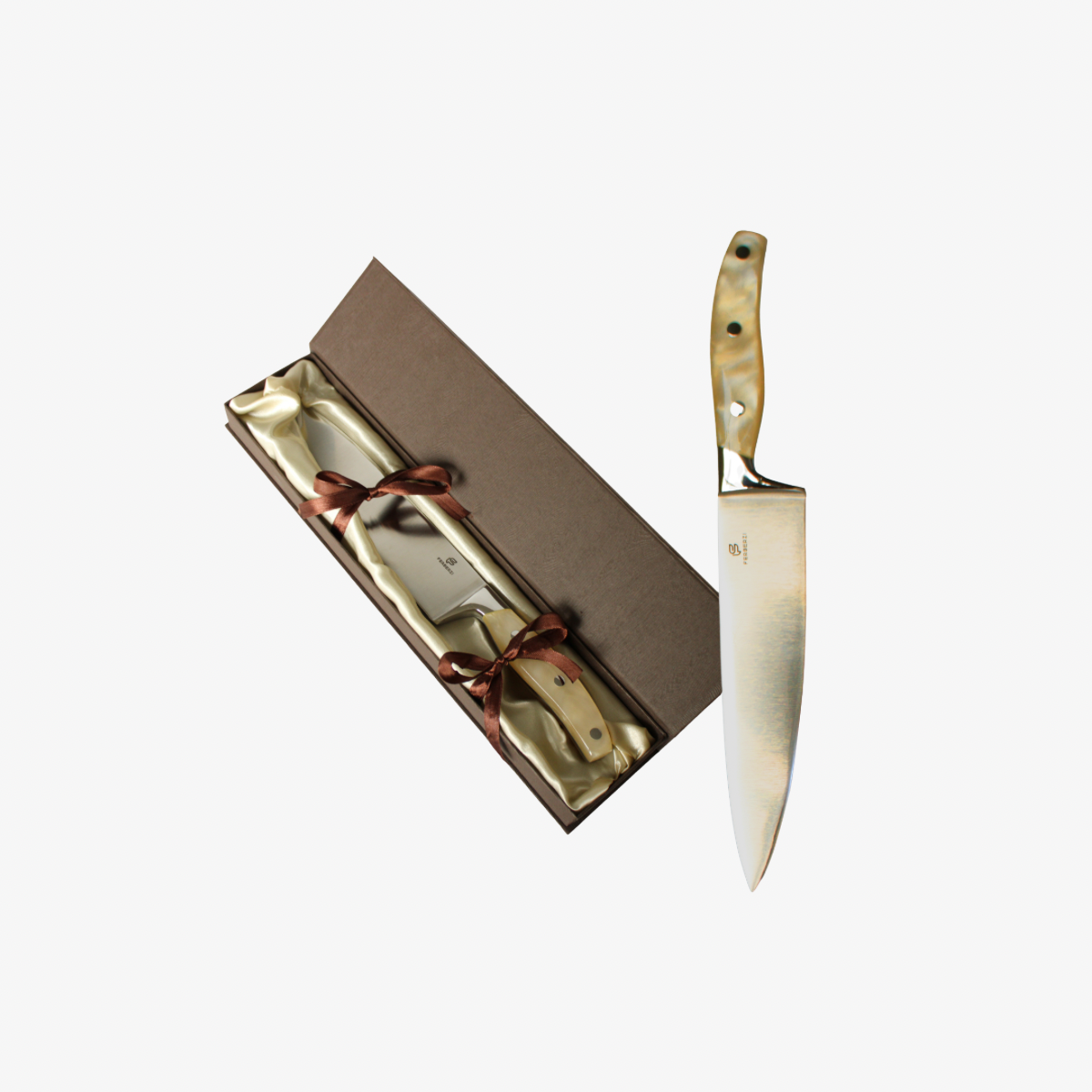 Ferberzi Professioneel Koksmes Pearl met parelwit acryl handvat en luxe geschenkdoos