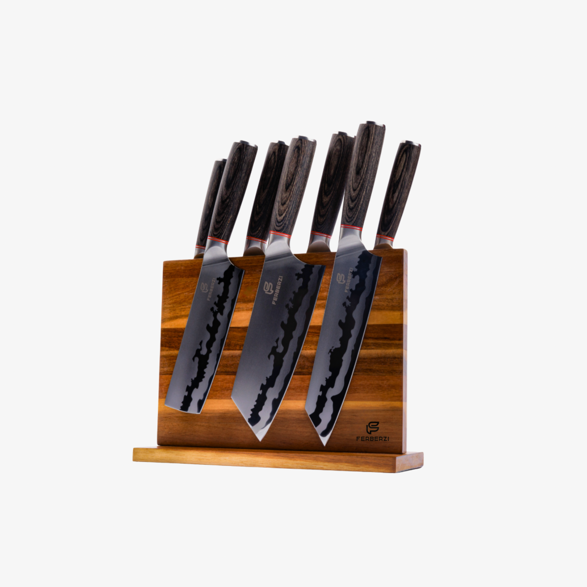 Ferberzi Shadow Wood Premium messenset met houten handgrepen en magnetische messenhouder van Acaciahout